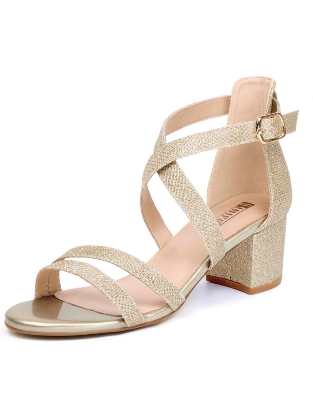 Women's Gold Glitter Block Low Chunky Heel Open Toe Ankle Strap Dress Sandals